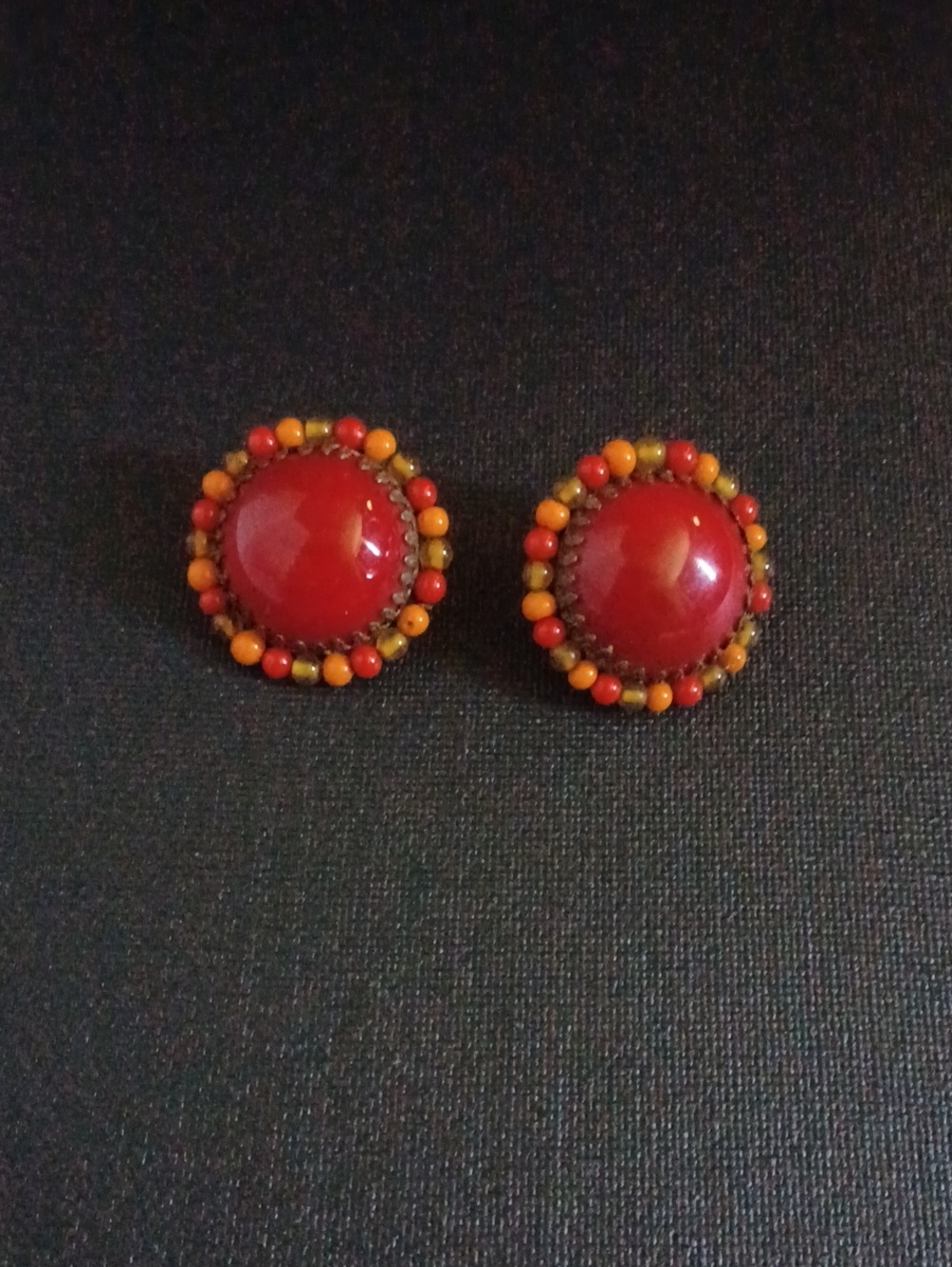 Vintage Red Beaded Button Round Clip-on Costume Earrings - "JAPAN" Stamped